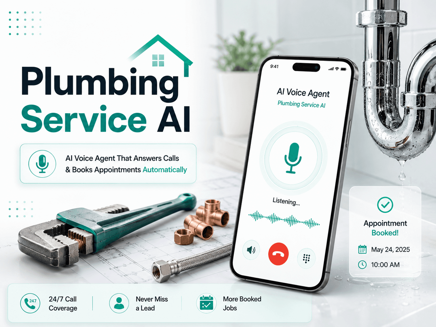 Plumbing Service AI voice agent shown alongside pipe wrenches and copper pipework, with a phone displaying an automatically booked appointment